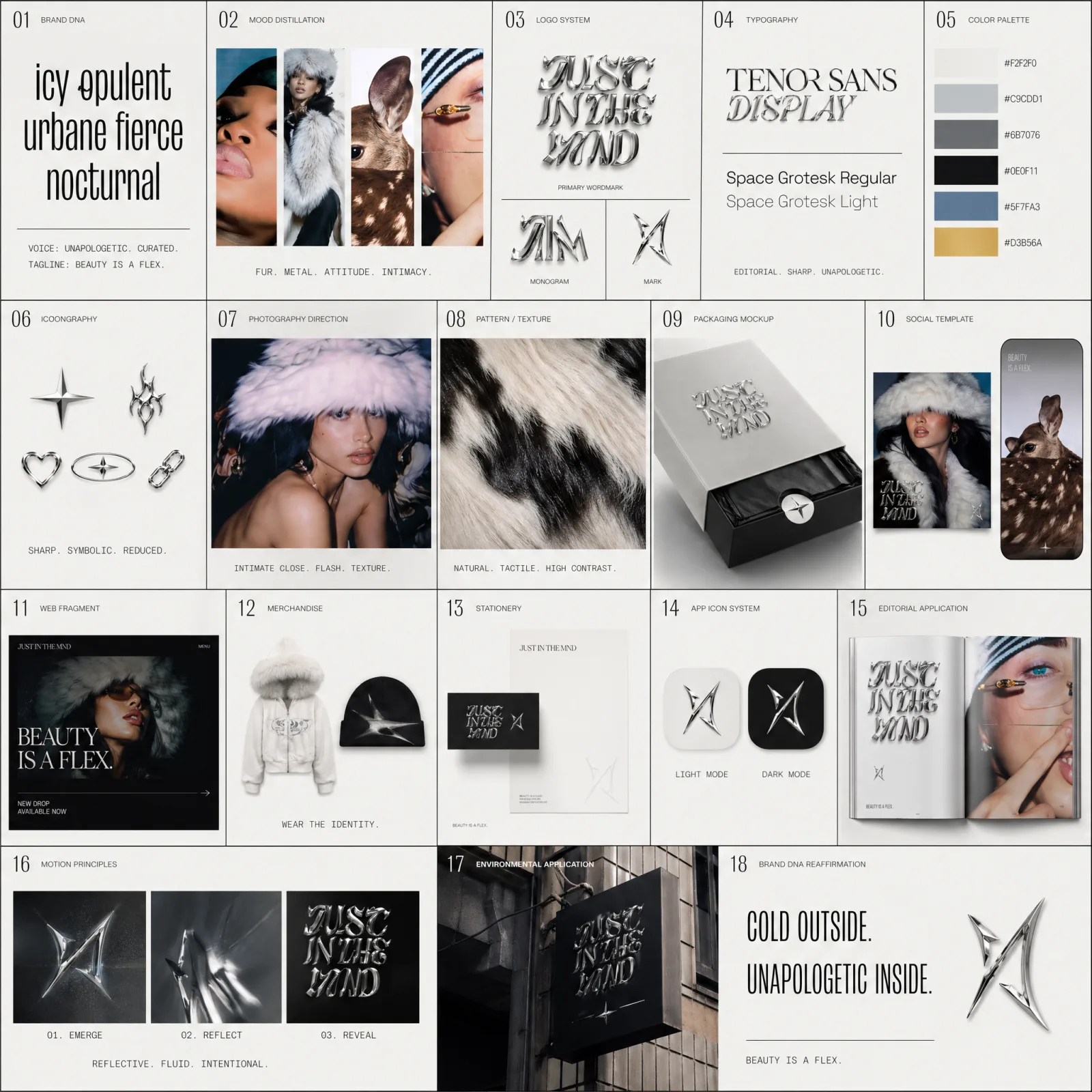 18-panelowy brand identity sheet — DUST / JUST IN THE WIND, perfumeryjny brand z silver-mark, beżowy moodboard