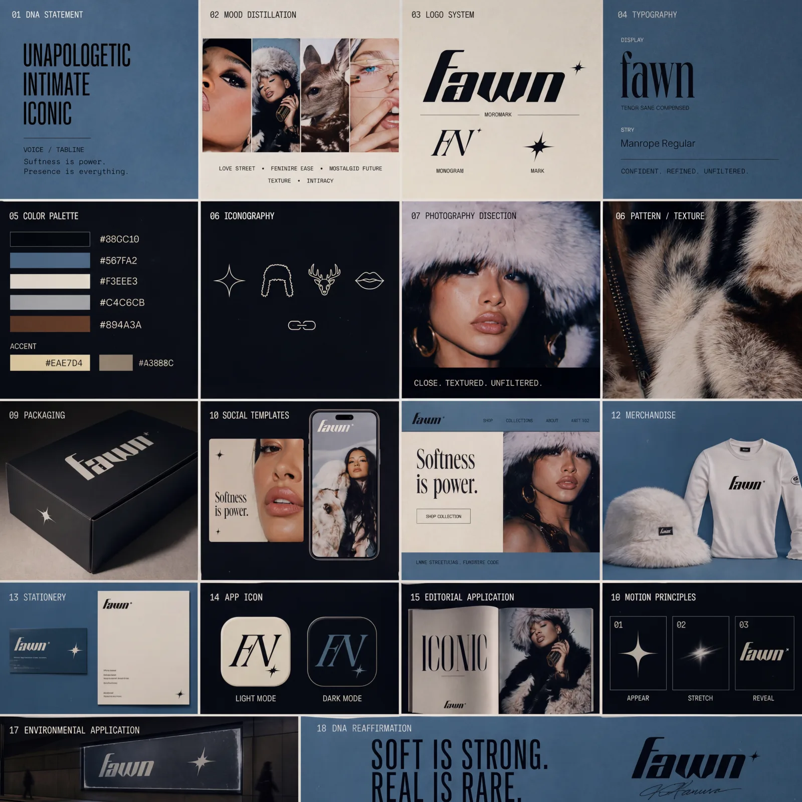 18-panelowy brand identity sheet — FAWN, fashion brand w niebieskim moodboardzie z italickim wordmarkiem