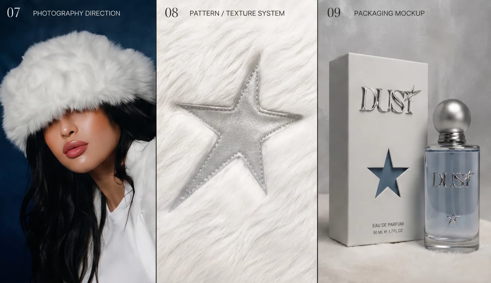 Panele 07–09: photography direction, pattern texture, packaging mockup DUST