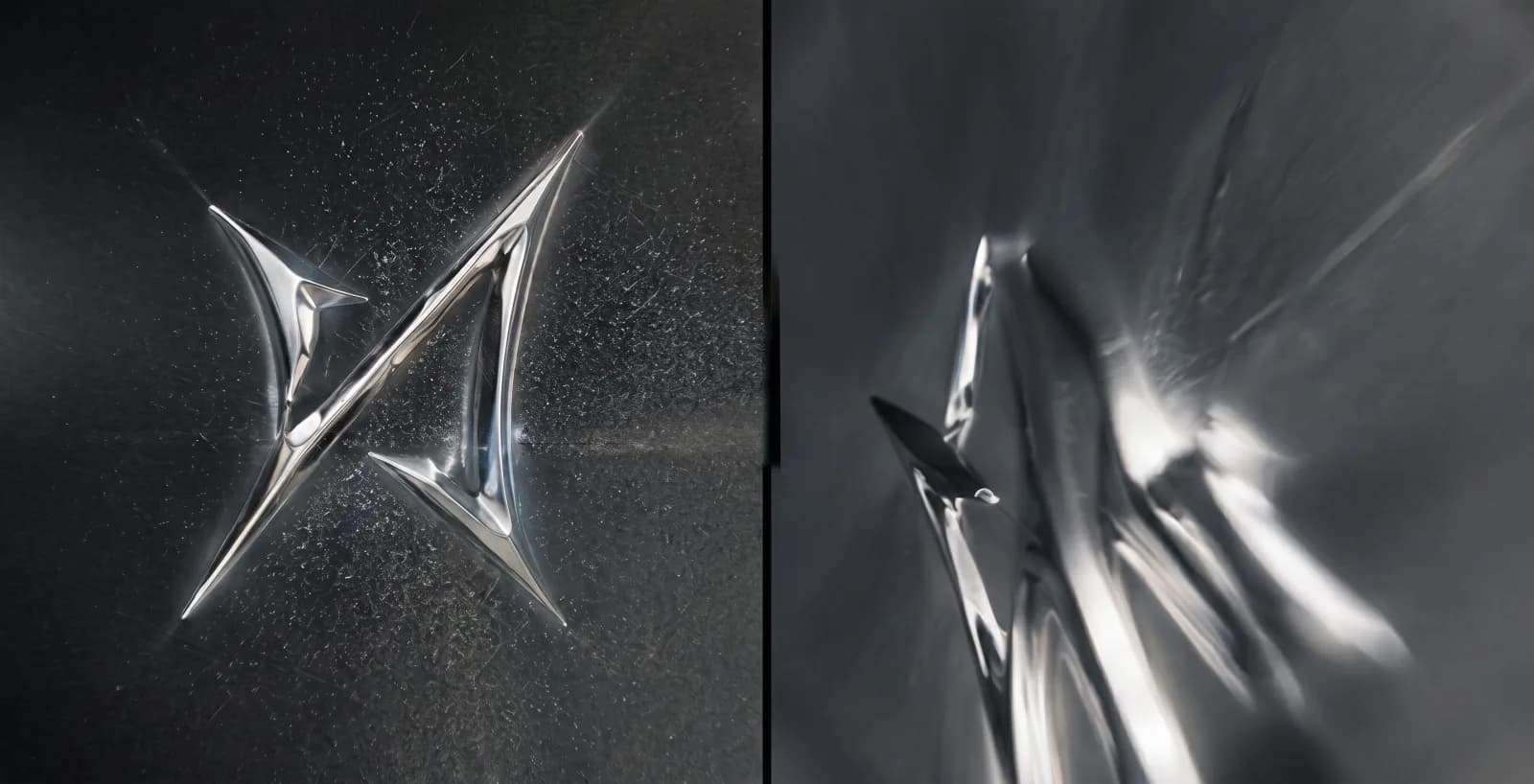 Close-up brand marka — silver liquid logo, motion principles, reflective fluid
