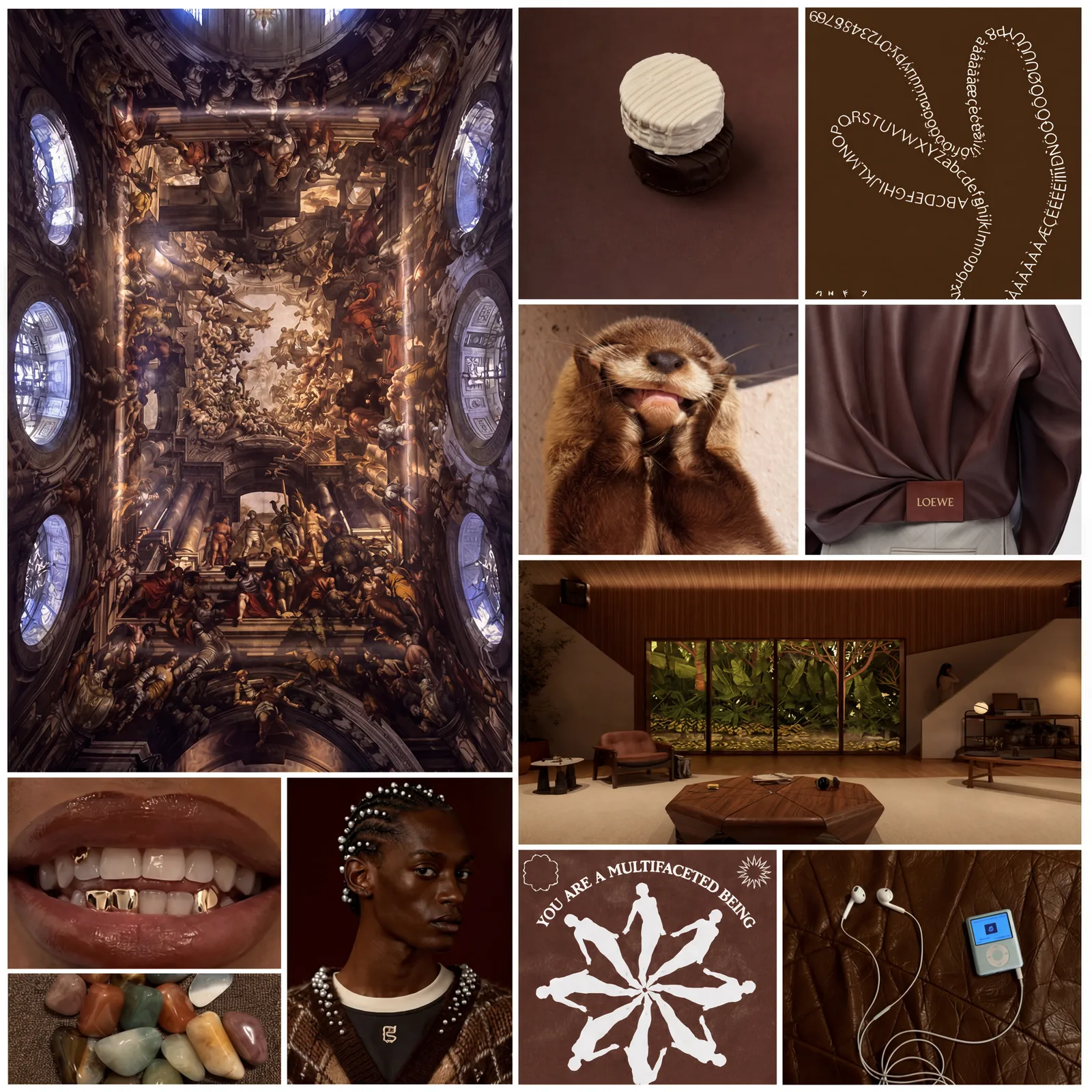 Przykład moodboardu — brązy, fakturowane sklepienie kościoła, skóra, futro, biżuteria. Spójna paleta, czytelne DNA