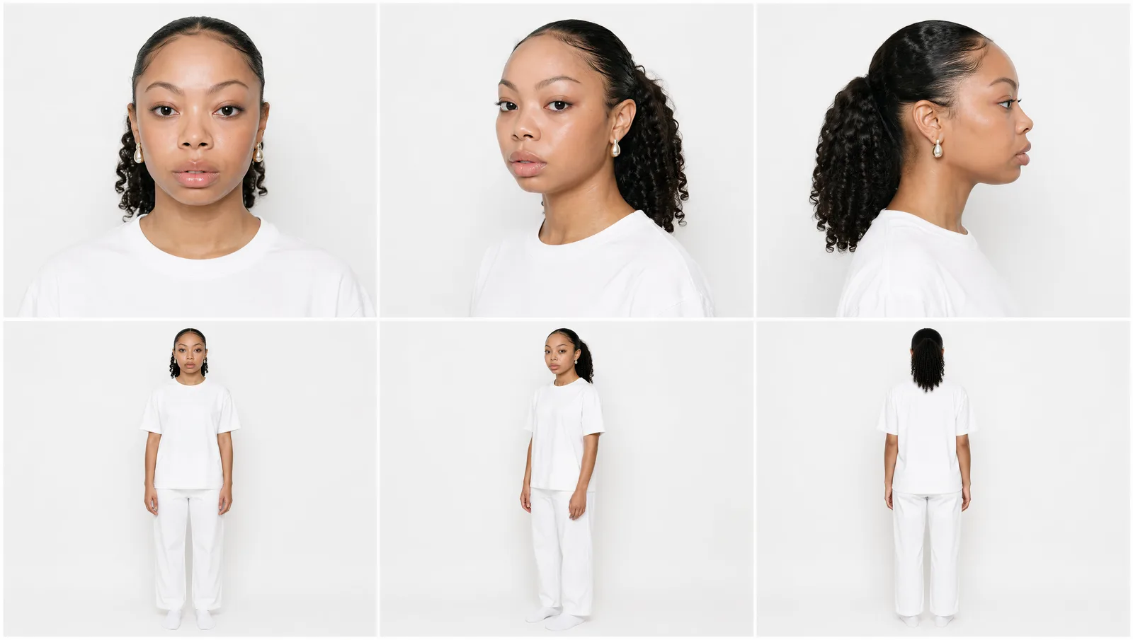 Drugi przykład character sheeta — inna modelka, ten sam setup, ten sam prompt